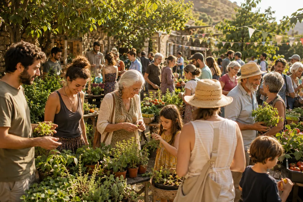 A community outdoor festival with people of all ages browsing garden produce and stalls in a sunny celebratory atmosphere