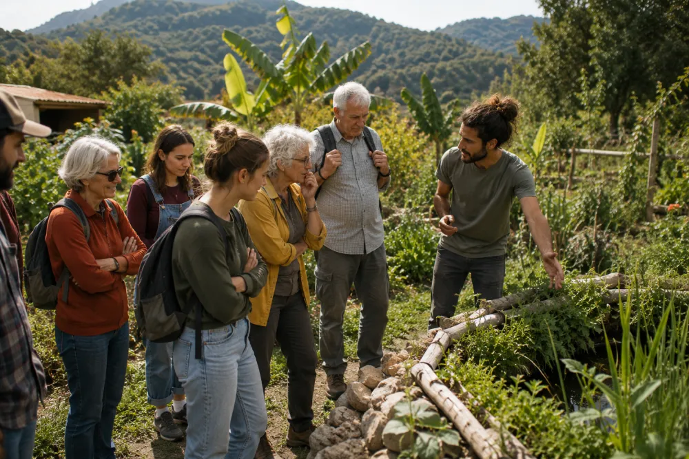 Older adults and youth visiting a permaculture site with a guide explaining growing techniques in an outdoor green setting