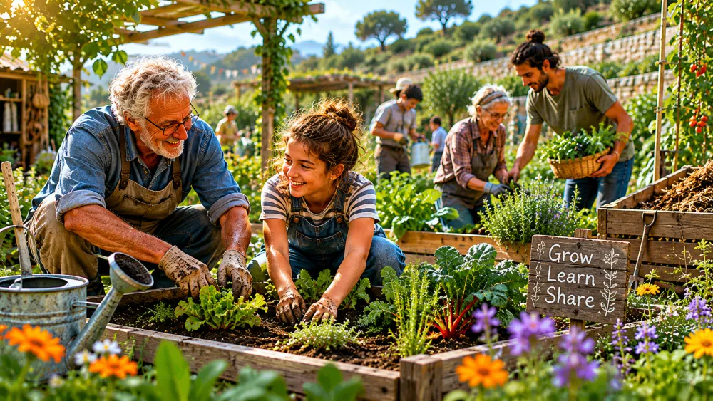A thriving community permaculture garden with raised beds, vegetables, and herbs, tended by people of mixed ages in warm daylight