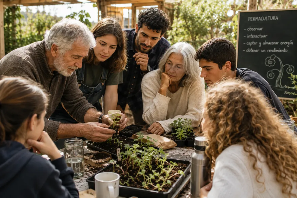 A mixed-age group gathered around a table or garden bed in a hands-on permaculture workshop, observing a demonstration with seedlings