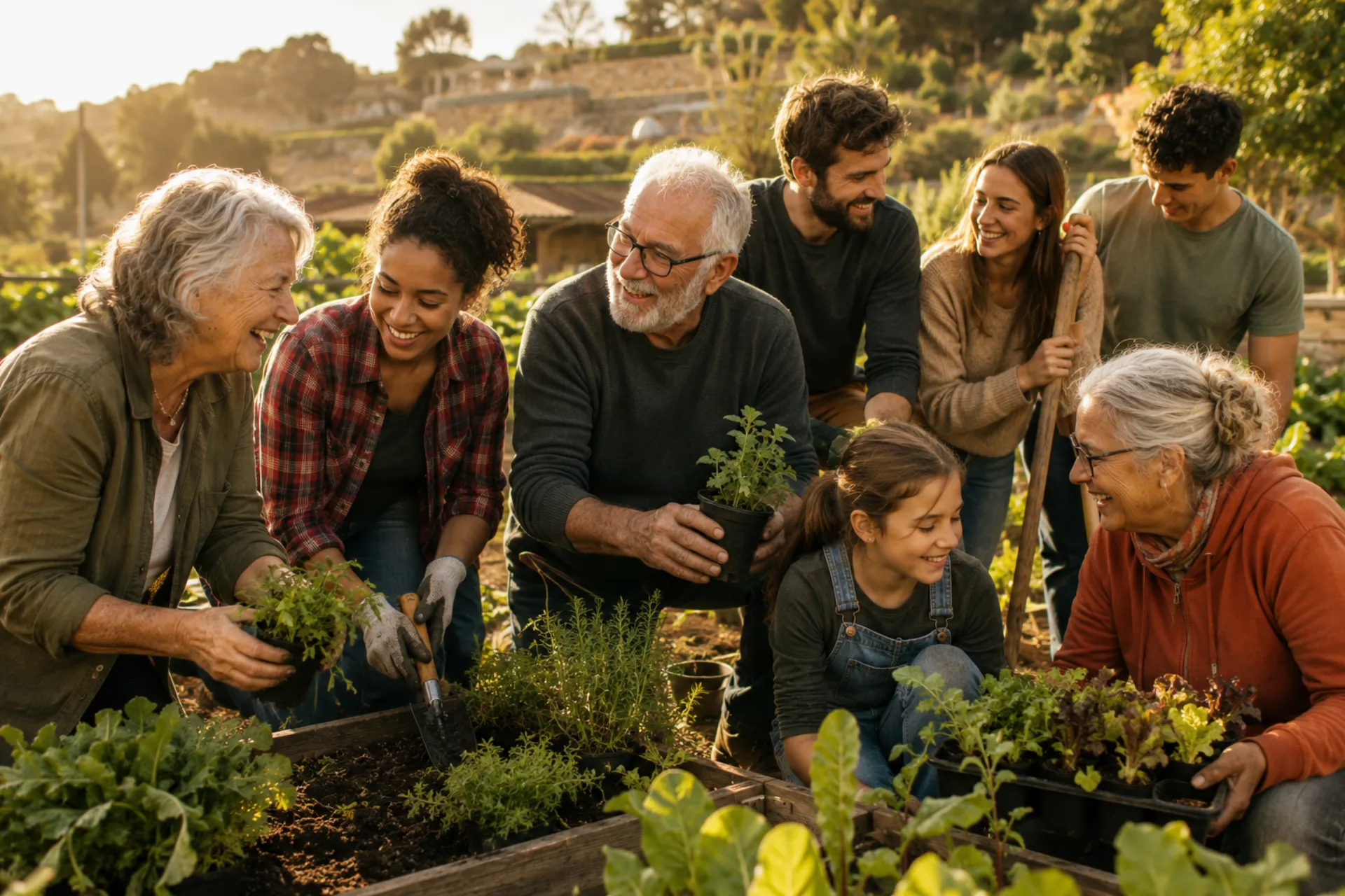 A mixed-age group of older adults and younger people working together in a community garden, smiling, in golden afternoon light